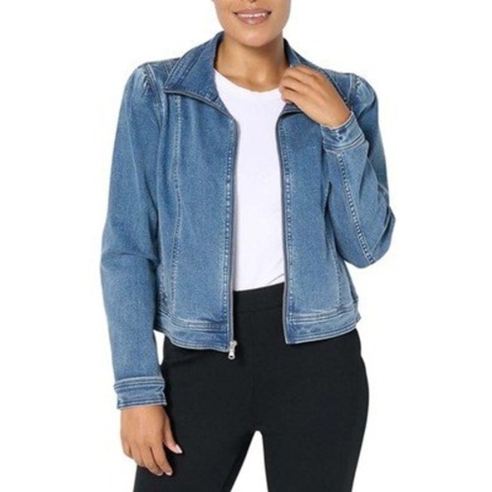Isaac Mizrahi Live! Plus Sz 1X Bomber Jacket True Denim Indigo Zip Front Stretch